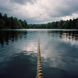 symmetrical photograph of an infinitely long rope submerged on the surface of the water, the rope is snaking from the foreground towards the center of the lake, a dark lake on a cloudy day, trees in the background, moody scene, kodak colorful film stock, anamorphic lens