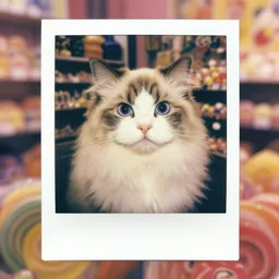 portrait of cute fluffy cat, by agnes lawrence pelton, polaroid, colorful, in candy shop