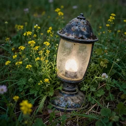 flowers growing out of a decayed lamp