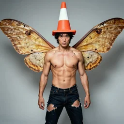 ripped physique winged man Norm MacDonald disguised as a mothra whilst wearing a traffic cone hat cliff chiang roc upchurch