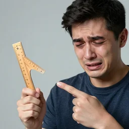 extremely sad crying man pointing at a ruler, high resolution photo