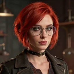 an insanely detailed portrait of a beautiful inventor that looks like zoe kravitz with short red hair, wearing glasses, in the style of peter mohrbacher, artgerm, dramatic lighting and composition, octane render, trending on artstation, concept art 8 k