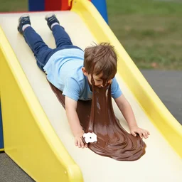 photo of a kid sliding through chocolate pudding head first, slip n slide