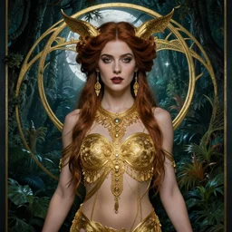 kiernan shipka as the goddess Lilith mother of witches and vampires, a beautiful art nouveau portrait by Gil elvgren, moonlit lush jungle garden of Eden environment, centered composition, defined features, golden ratio, intricate gold jewlery