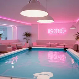 fine art photography of a lounge room with pool, neon lightings, high definition, 8 k, high resolution, interior photography, pastel color palette, pink water reflections, iso 1 0 0, shutter speed 1 2 5, aperture 8, award winning