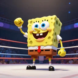 spongebob squarepants as an mma fighter, in the ring for a big fight, wide shot, 3 d, hyperrealistic, rendered in octane