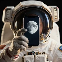 extremely detailed studio portrait of space astronaut, holds an iphone in one hand, iphone held up to visor, reflection of iphone in visor, moon, extreme close shot, soft light, golden glow, award winning photo by nasa
