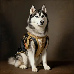 a Husky dog sitting wearing a royal suit, renaissance painting, high quality, high detail, portait