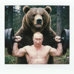 medium close up shot, very muscular angry vladimir putin pumping iron with oversized grizzly bear, in woods, polaroid color photo, vintage, neutral colors, by gregory crewdson