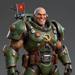 smiling cheerful soviet communist doomguy, very intricate, militaristic, unreal engine, highly detailed, by artgerm and boris vallejo