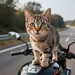 A close-up photograph of a cat with wide open eyes standing on a motorcyclist\'s shoulder while going at full speed, phone camera, trending on tumblr