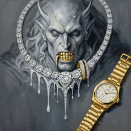 a painting of hordor from game of thrones, dripped out, diamonds, diamond chain, gold rings, gold watch, stylish, gold grill by sachin teng