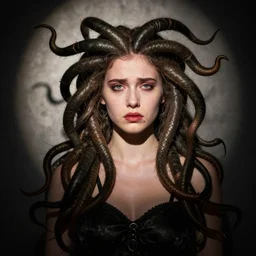 young medusa with a sad expression, spotlight, theatrical