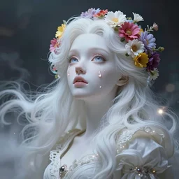 a colorful and vibrant majestic white queen drops a tearwith flowers on her hair, open wide eyes is gazing at, glowing light orbs, intricate concept art, elegant, digital painting, smooth, sharp focus, mist, outrun, vaporware, cyberpunk darksynth, ethereal, ominous, misty, 8 k, by ruan jia, 8 k, rendered in octane