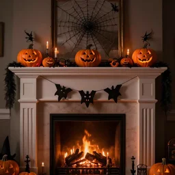 a realistic photo of a fireplace mantle decorated for halloween, photorealism, dramatic lighting