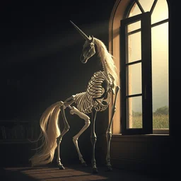 a unicorn skeleton standing next to an open window, dramatic lighting, cinematic, artstation
