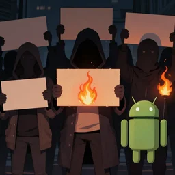 shadowy protesters holding placards, detailed digital illustration by greg rutkowski, fire, android netrunner, nighttime