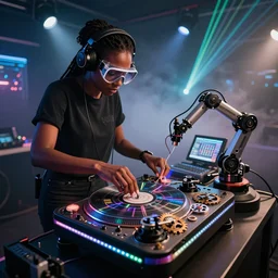 a black woman wearing goggles and visor and headphones using an intricate clockwork record player turntable contraption, robot arms, computer screens, turntablism dj scratching, intricate planetary gears, cinematic, sharp focus, led light strips, bokeh, iridescent, black light, fog machine, hazy, lasers, spotlights, light trails, hyper color photograph