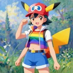 a portrait of a female pokemon trainer, rainbow uniform, very anime in impressionist style, anime trending artwork, anime painter studio, by claude monet