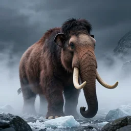 a woolly mammoth emerging from fog, snowy glacier, dramatic, cinematic, realistic photograph, ambient, dark shades of colors, unreal engine 5, rendered by octane