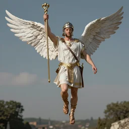 A full body photo of Julian Assange  as Mercury the messanger of the Roman gods, wearing a helmet and sandals with attached wings  and carrying the Caduceus while flying, hyperrealistic, highly detailed, depth of field, High definition, 8k,  octane render, artstation