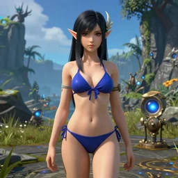 Anime Girl in Bikini inside of a world of warcraft video game world, Unreal Engine, 8k, HD