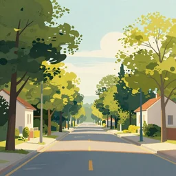 an endless straight street with trees and houses that are all different, the sun is shining, there are no cars nor people, abstract art