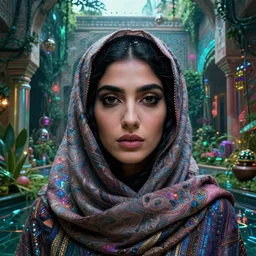 detailed face of an arabic woman clothed wrapped in textiles, lush, opulent, walled garden, utopian, tech noir, wet reflections, prism, atmospheric, ambient, pj crook, syd mead, livia prima, artgerm, greg rutkowski, nick alm, casey baugh