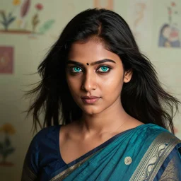close - up shot, studio photographic portrait of beautiful indian girl in sari, crystal teal eyes, haunting, dynamic lighting, random outdoor wallpaper background, photorealistic, 2 5 mm