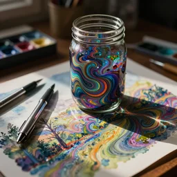 painting of technical pen and glass canning jar of swirling ink shimmering on a desk, dramatic afternoon lighting, intense psychedelic watercolor, heavy metal, tilt shift, by moebius