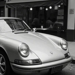 An old porsche parked in front of a cafe in NYC, vintage photo, cinematic, black and white, close-up