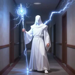 thunder man, storm, lightning, spell, staff, white robe, hallway, artstation