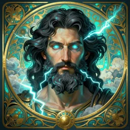 the god zeus, portrait, wavy black hair, bushy beard, glowing eyes, buzzing electricity, cloud background, volumetric lights, cyan and gold scheme, art nouveau botanicals, gothic, intricate, highly detailed, digital painting, artstation, concept art, smooth, sharp focus, symmetric face, illustration, steampunk, art by artgerm and greg rutkowski and alphonse mucha