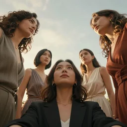 looking up into the sky, first person view, surrounded by giant women, award winning, golden hour