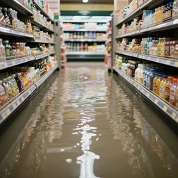 photo of a grocery store interior, the floor is flooded with two meters deep water. eerie, volumetric lighting.