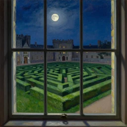 the view from inside the castle window to the mediumheight green grass maze, edgy labyrinth, moon light, moonlit, night, by jacek yerka, by levitan, oil on canvas, acrylic, royal academy, masterpiece, trending on artstation, cinematic composition, sharp, details, hyper - detailed, hd