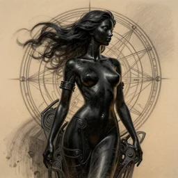 pencil drawing illustration, black bodypaint, neobrutalistic, digital abstract sculpt of beautiful female body and black swirling latex acrylic portrait, black latex sculpt, minimalism, mechanical superstructure, strong wind, sacred geometry, 8 k, cinematic, magic hour, beautiful light, sculpture of carving marble, dark colors, filigree ornaments, digital painting, cartoon