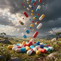 3D perspective of multicolored medical pills being thrown at you, epic scale ultrawide angle, 3D  rendered, Vray rendered, octane render, unreal engine