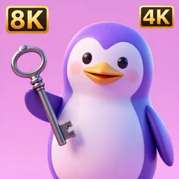 penguin with light purple skin color and a happy expression, holding a dark silver antique key. 2 d digital art, cyberpink artstyle, vibrant, 8 k, 4 k of a