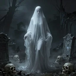 character concept art of a beautiful centered fading ghost female covered in drapes facing camera in a ruined cemetery by night, ultra intricate details, omnious style, volumetric light and fog, skulls