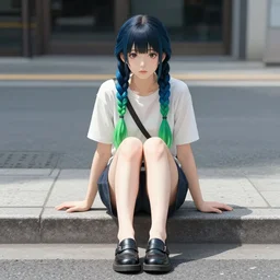 concept art, pretty woman sitting on street, braids blue green, alone, junichi higashi, isamu imakake, intricate, balance, ultra detailed, full far frontal portrait,