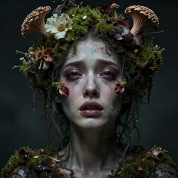 a disturbing digital horror arthouse photograph of a beautiful crying woman with flowers moss and fungus growing out of her head and petals dripping from her eyes, intricate, sharp focus, cinematography, highly detailed, octane render, digital horror artwork, matte, photography by professional photographer
