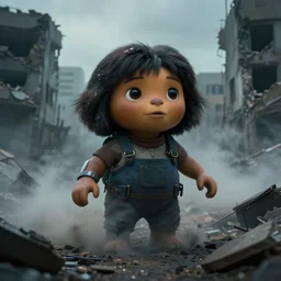 film, detailed photoreal, futuristic dora the explorer emerging from smoke and debris in war zone, crumbling buildings, flat color profile low - key lighting award winning photography arri alexa cinematography, hyper real photorealistic cinematic, atmospheric cool colorgrade