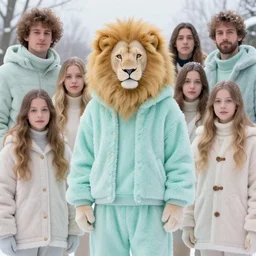 aesthetic portrait commission of an albino male furry anthro lion wearing a cute mint colored, cozy, soft pastel winter outfit. winter atmosphere character design by mandy jurgens, irina french, heraldo ortega, rachel walpole, jeszika le vye, and dan volbert.
