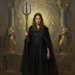 perfectly - centered - portrait of a girl wearing black cloak holding trident, intricate, epic scale, rule of third, highly detailed, digital painting, artstation, concept art, sharp focus, illustration, oil painting, unreal engine 5, 8 k, art by artgerm and sam spratt and greg rutkowski