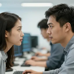 a close up photo of two programmers in an office staring at each other