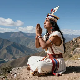 an incan priest doing a solstice celebration at the top of a mountain, praying at the sun, art by greg rutkowski