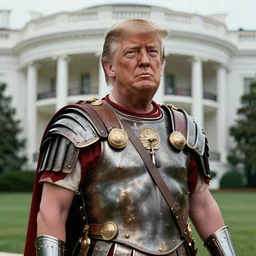 cinematic shot of donald trump wearing ancient roman military armor in the white house, 8 k, very detailed, very intricate,