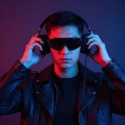 a man, in red and blue spotlights, holds on to the headphones on his head, he wears dark visors, cyber songman, cyberpunk style portrait