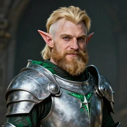 portrait, fantasy beardless dwarf cleric, young adult, no beard, short blonde hair combed to one side, silver and emerald breastplate, clean shaven, slightly smirking, style by donato giancola, wayne reynolds, jeff easley dramatic light, high detail, cinematic lighting, artststion, dungeons and dragons